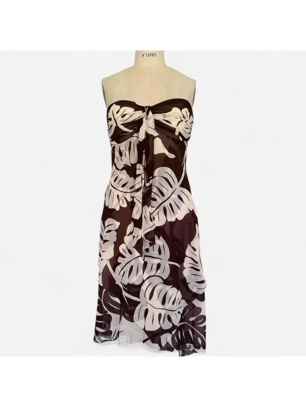 Y2K Tropical Brown Strapless Dress White Leaf Print B.Moss